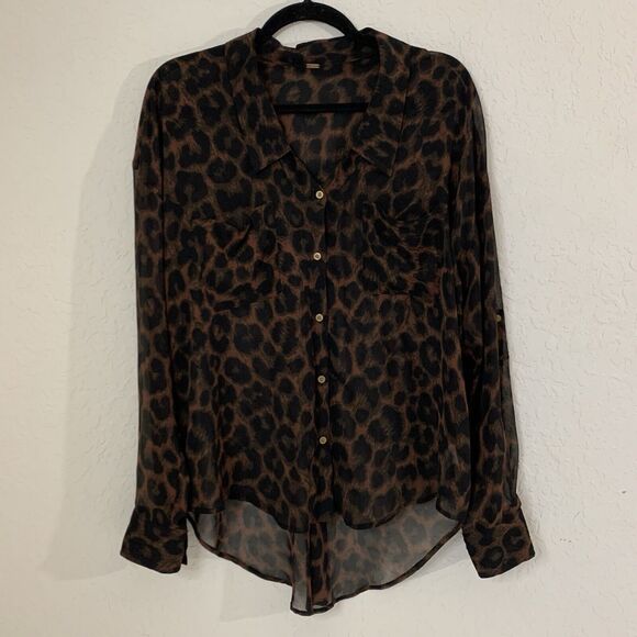 Free People Easy Rider Blouse Leopard Animal Print Sheer Button Down Oversized - Picture 2 of 10